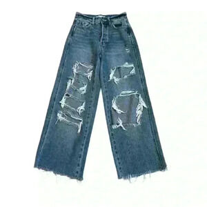 PacSun Women's Baggy Denim Jeans Distressed Wide Leg Button Fly Wide Leg Size 24